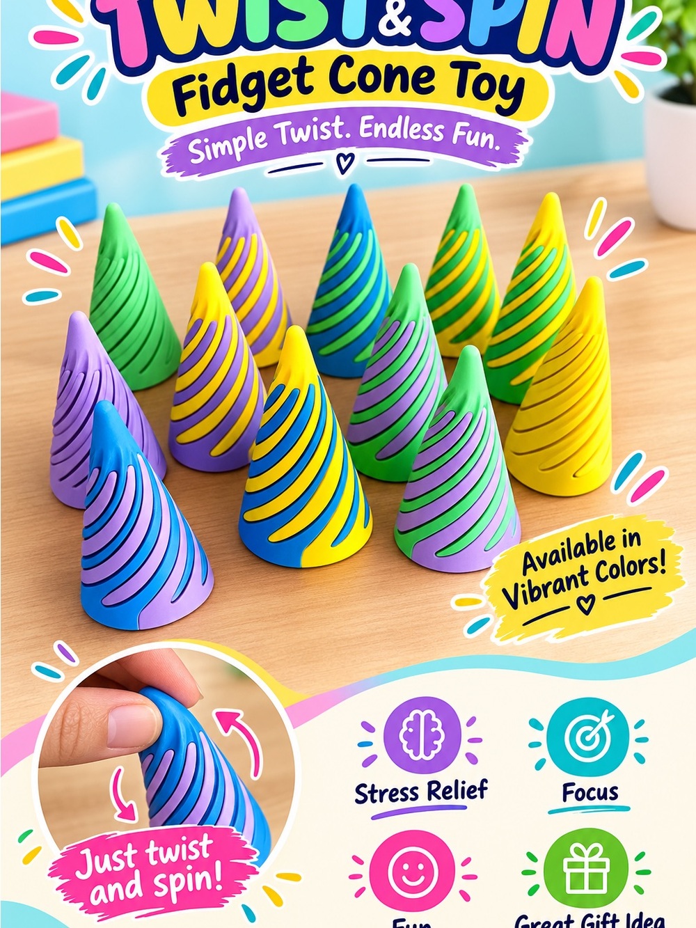 Twist & Spin Fidget Cone Toy - Vibrant Multi-Color Stress Relief